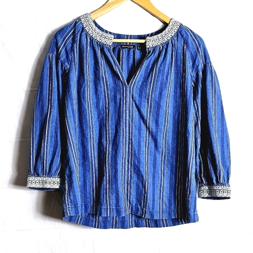 Massimo Dutti Striped Cotton Blend Embroidery Women's Blouse Size S